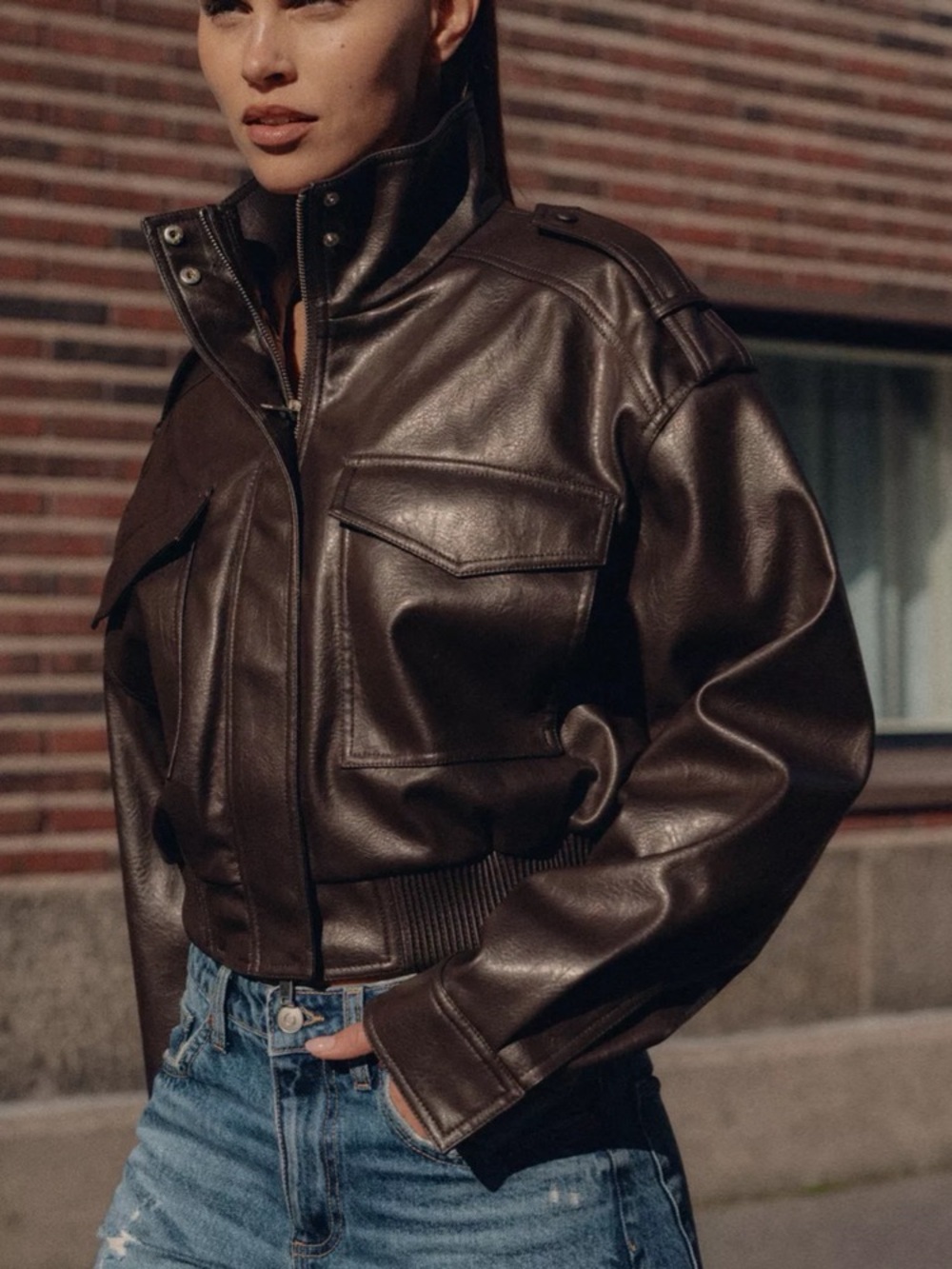Zara Dark Brown Faux Leather Cropped Jacket
